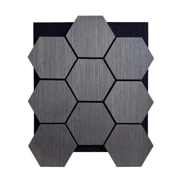 Barras de madera de poliéster rejilla tablero de absorción de sonido hexagonal tablero de absorción de sonido de forma especial pared de fondo teatro material de decoración ecológico