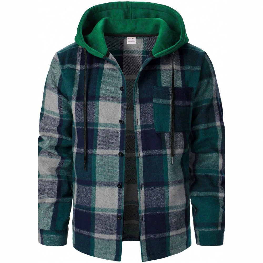 Tendencia transfronteriza Amazon primavera y otoño hombre cálido con capuchón camisa a cuadros de tamaño europeo abrigo americano relajado