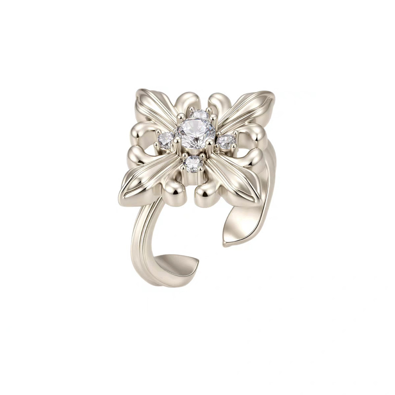 Three Horizontal Iris Flower Square Ring Women's Opening Adjustable Retro Light Luxury Maillard Jewelry Niche Ring Wholesale