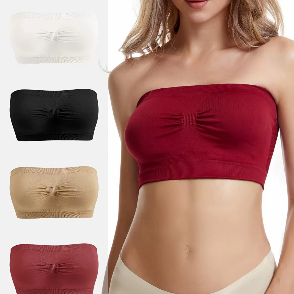 跨境外贸欧美大码抹胸无肩带内衣女无胸垫透气一字围褶皱裹胸夏季