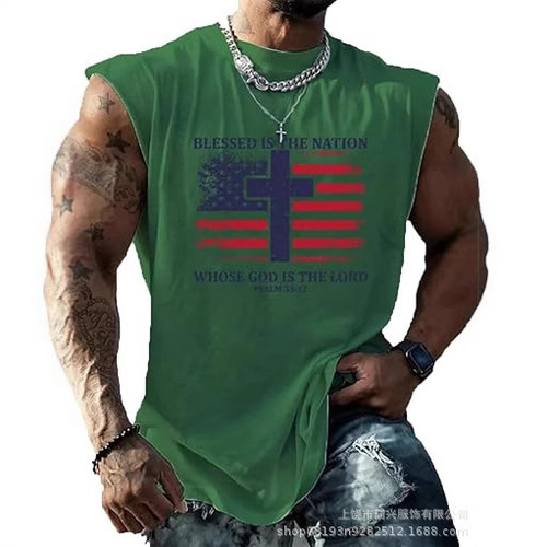 2025 Cotton-Like Support 3D Printed Fitness Tank Top for Men Running USA American Wide Shoulder Sleeveless Backless Top
