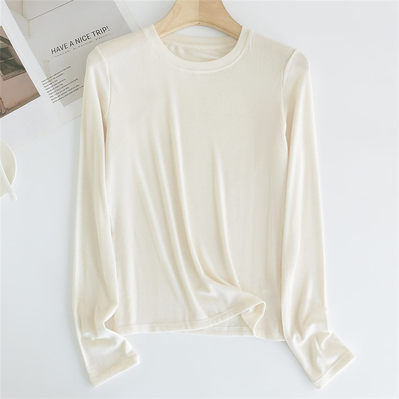 Lanxess Tencel Lyocell Sheep Wool Long-Sleeved T-Shirt for Women Autum Round Neck Pure Color Inner Breathable Bottoming Shirt