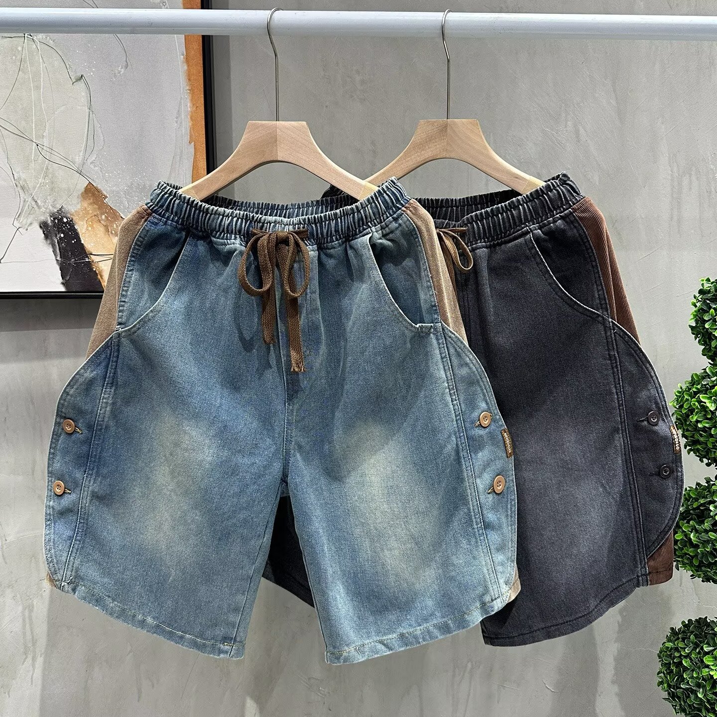 Men's Retro Distressed Denim Shorts Summer Casual Loose Fit Color Block Five Point Drawstring Elastic Waist Plus Size Mid-Length_mkmklike.com