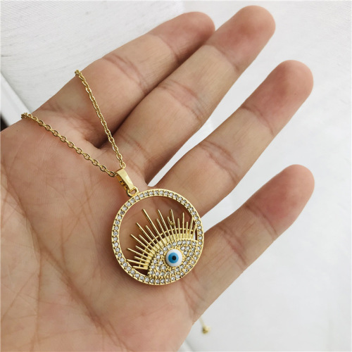 WISH selling micro copper inlay zircon disc evil eye pendant necklace female of gold plating color preserving