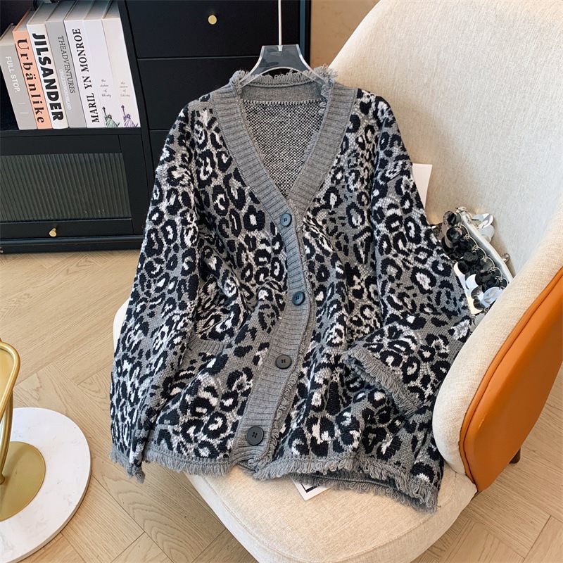 (2개) 리얼 샷 유럽 역 가을 새로운 레오파드 무늬 대비 컬러 V-넥 싱글 브레스트 모피 긴 소매 게으른 바람 스웨터 여성용 코트