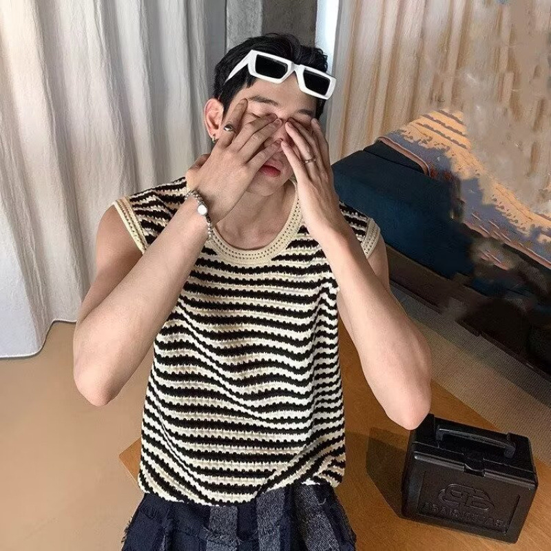 Hollow-Out Knit Sports Vest for Men, Summer Lazy Style, Striped Trendy High-End Vibe, Cool Casual Sleeveless T-Shirt Hollow-Out Knit Sports Vest for Men, Summer Lazy Style, Striped Trendy High-End Vibe, Cool Casual Sleeveless T-Shirt
