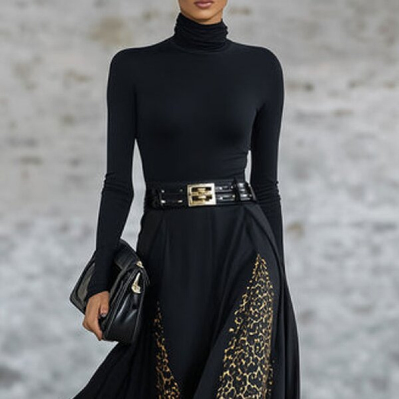 Black Leopard-Print Patchwork Street-Style Dress With Long Sleeves For Fashionistas_ecoleips.com