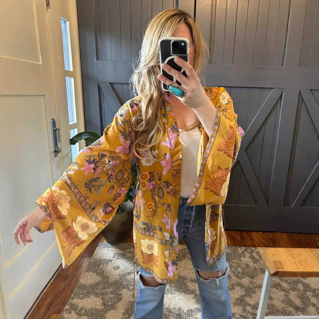 Европейский и американский лавандовый богемный стиль, цветочное кимоно, кардиган без рукавов, топ с перьями, куртка, купальник, блузка в стиле хиппи