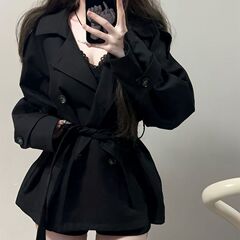 英伦风短款风衣黑色双排扣女小个子秋冬新款感收腰小香风外套