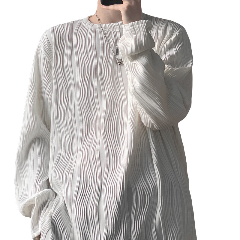 Textura tridimensional de cuello redondo de manga larga Camiseta de los hombres de primavera y otoño nueva moda ins ropa superior elegante estilo perezoso camisa de fondo