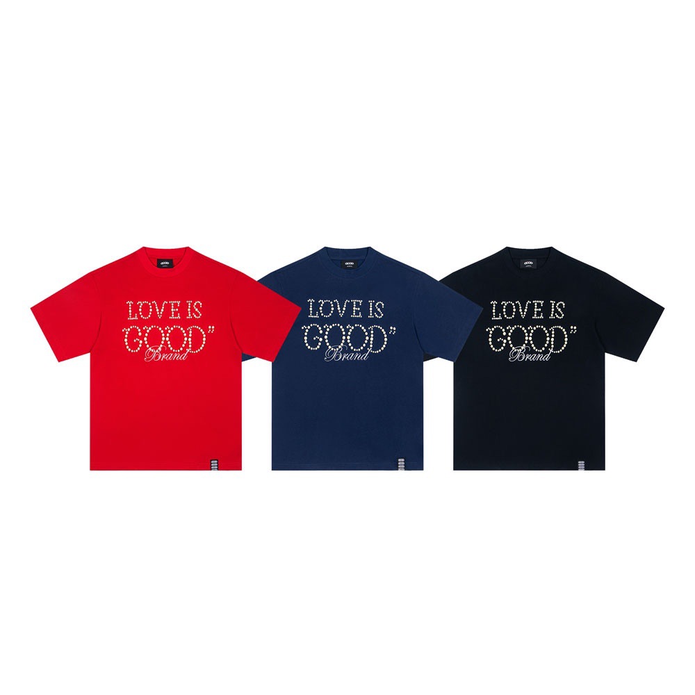 팬 Shikun 같은 여름 GOODBAND 구슬 공예 슬로건 LOVEI 캐주얼 백타워 남녀 커플 티셔츠