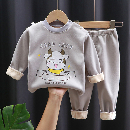 A unisex children's warm indoor set with padded and thick winter clothing, including long johns for babies
