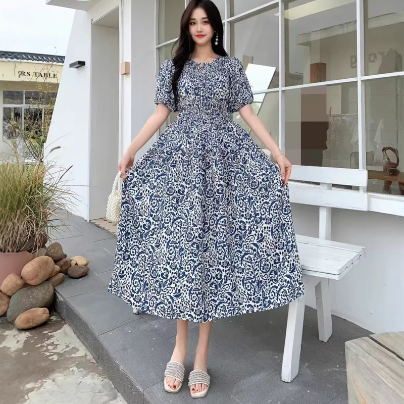 Women's Rayon Floral Dress Summer Long Skirt Travel Style Bohemian Beach Dress Large Hem Long Skirt