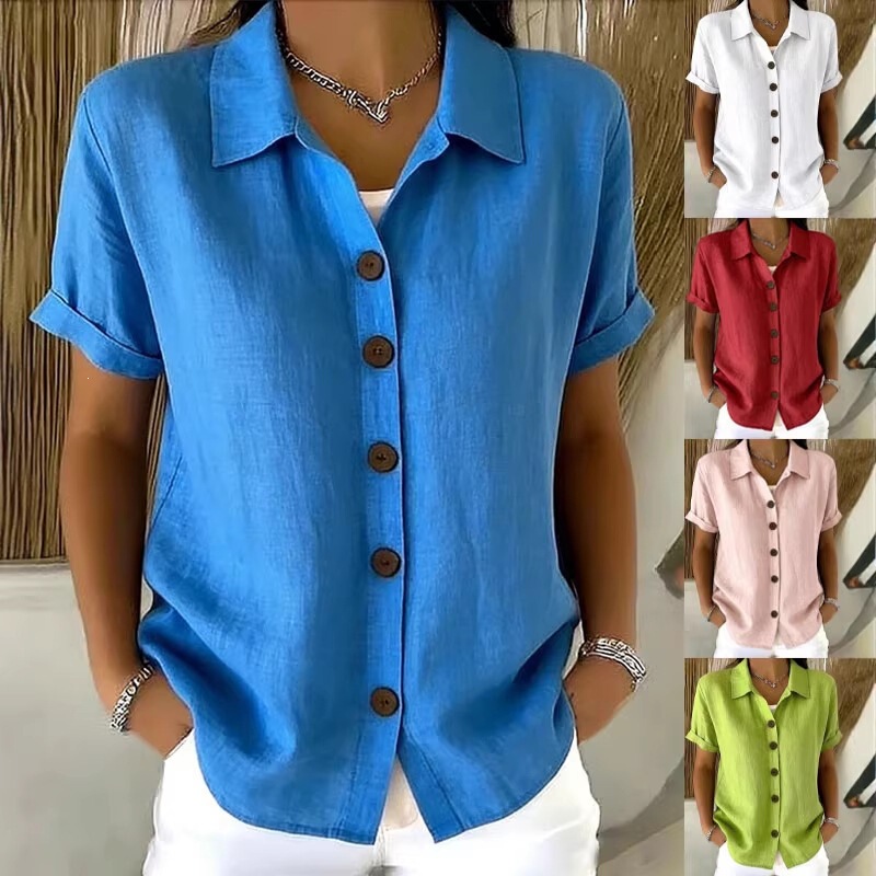 2026 European and American Cross-Border Summer Independent Site Amazon New Casual Comfortable Button-Down Linen Women's Short-Sleeve Shirt 2026 European and American Cross-Border Summer Independent Site Amazon New Casual Comfortable Button-Down Linen Women's Short-Sleeve Shirt