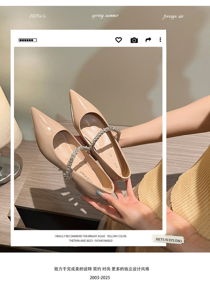 Giày cao gót nữ mũi nhọn quai ngang đính pha lê, đế xuồng độn cao bên trong, gót thấp dưới 3 cm — Màu bạc, Màu mơ, Màu vàng nhạt chi tiết 3