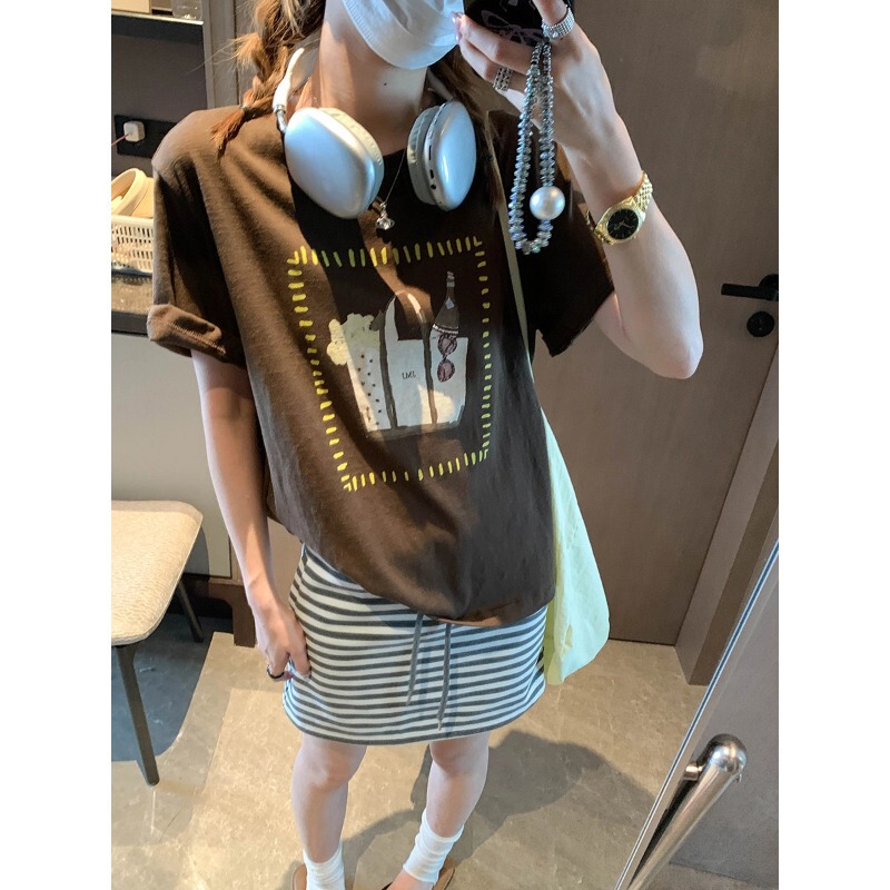 Mochie Fun Escape Korean Retro Picnic Handbag Printed Round Neck Casual Short Sleeve T-Shirt Mq1536