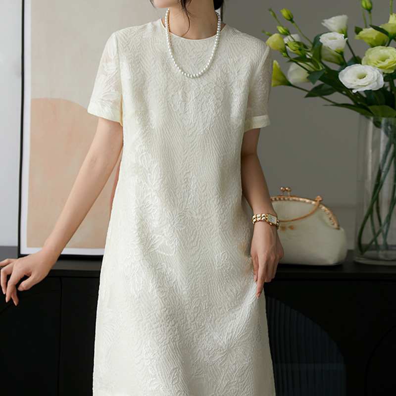 Silk Jacquard Dress High-End New Chinese Style Cheongsam Mulberry Silk Skirt Summer White Hangzhou Women's Summer