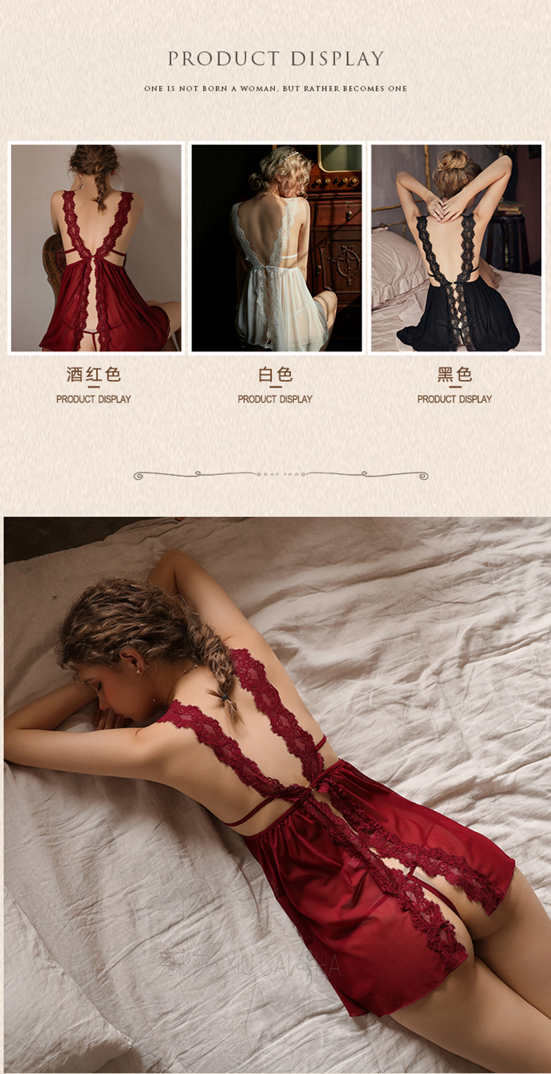 Wine-Red Lace Mesh Babydoll Nightgown with Short Skirt Design, See-Through Wholesale Lingerie — detail image 6