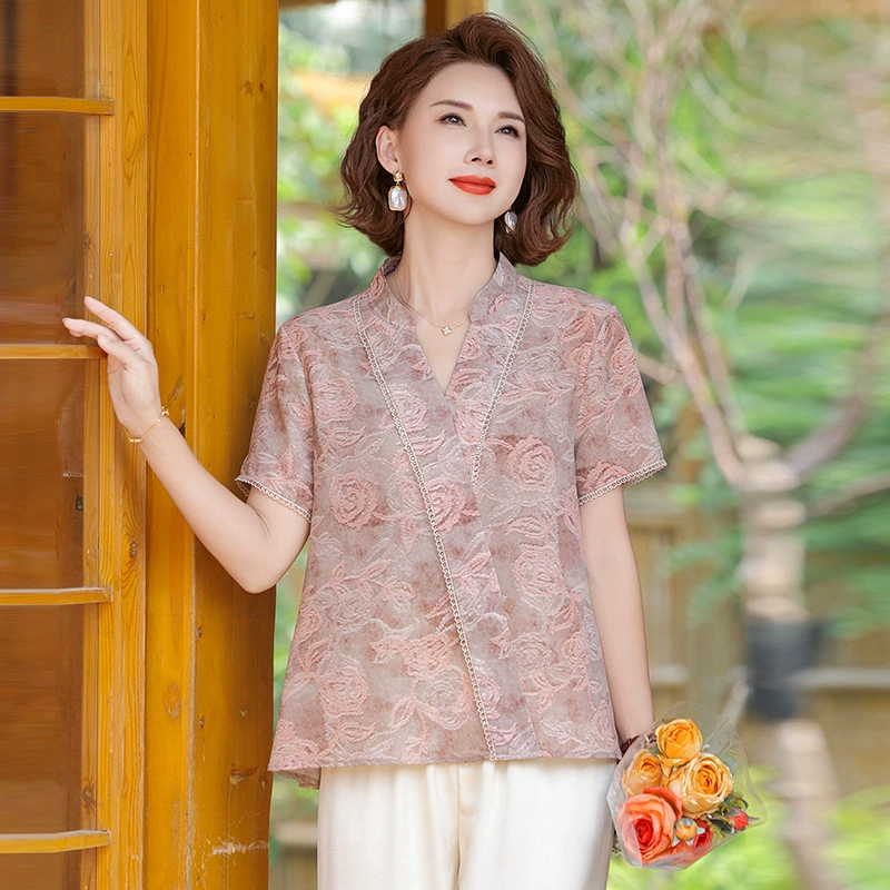 2025 новая одежда для мам среднего возраста, летние модные и свободные топы в западном стиле для женщин среднего и пожилого возраста в китайском стиле