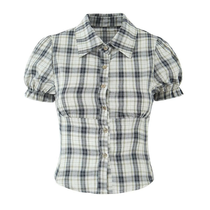 Foreign trade list! Spring and summer new European and American style women's fashion retro bubble sleeve plaid shirt cake skirt