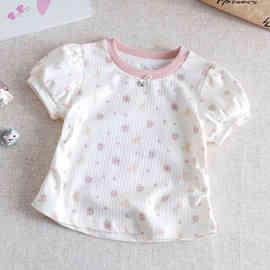 甜美可爱风女童泡泡袖碎花T恤2026夏季圆领短袖洋气薄款儿童上衣