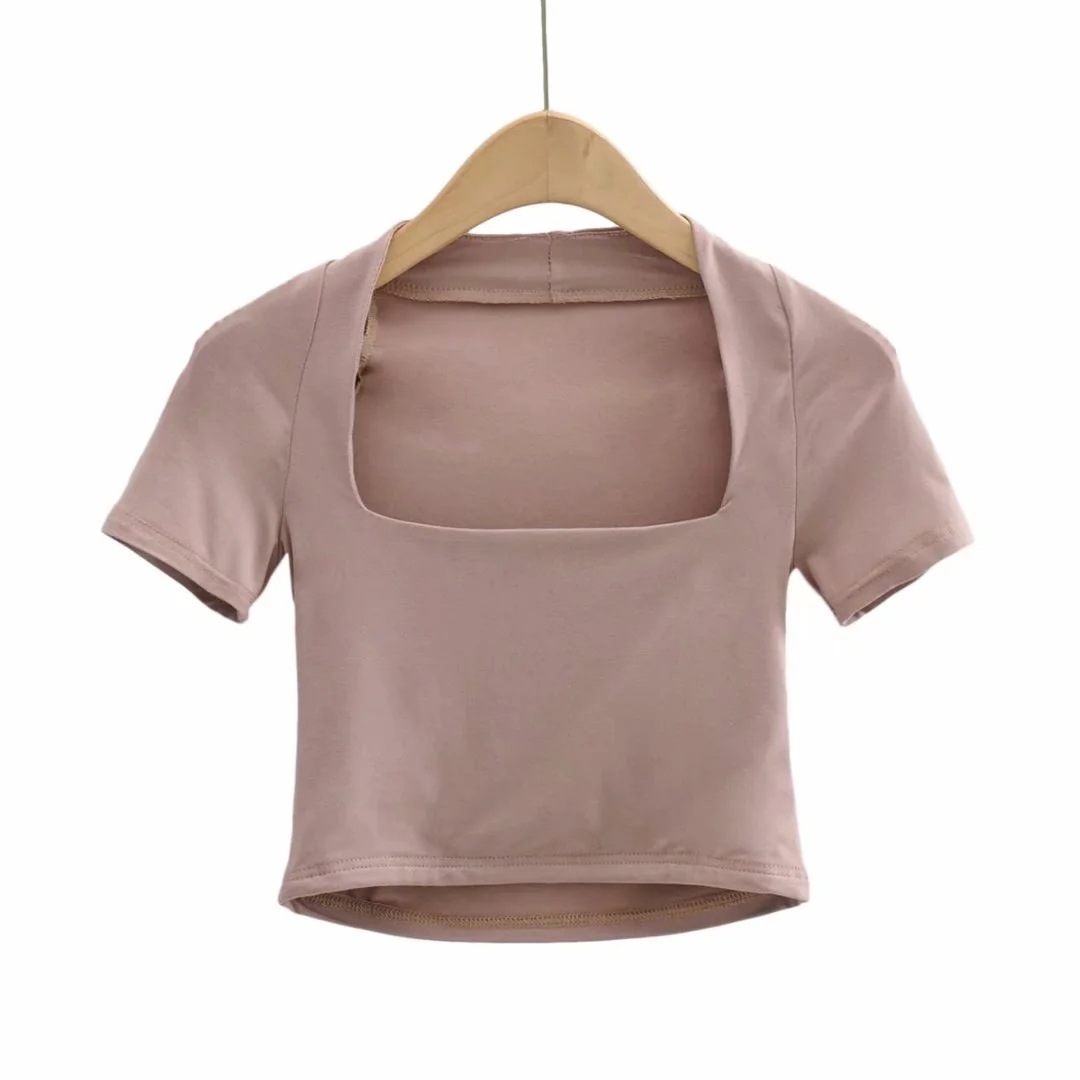 Solid Color Square Neck Short T-Shirt NSHS66336