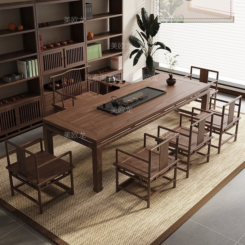 Old Elm New Chinese Style Solid Wood Tea Table and Chair Combination Set Zen Ming Style Log Office Tea Table Tea Room Furniture