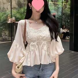 韩系减龄领灯笼袖衬衫女夏设计感重工拼接蕾丝钩花洋气别致上衣