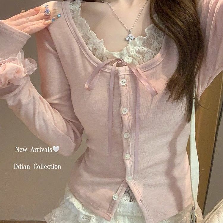 纯欲蕾丝拼接T恤2025春秋新款修身显瘦假两件长袖打底衫上衣女ins|undefined