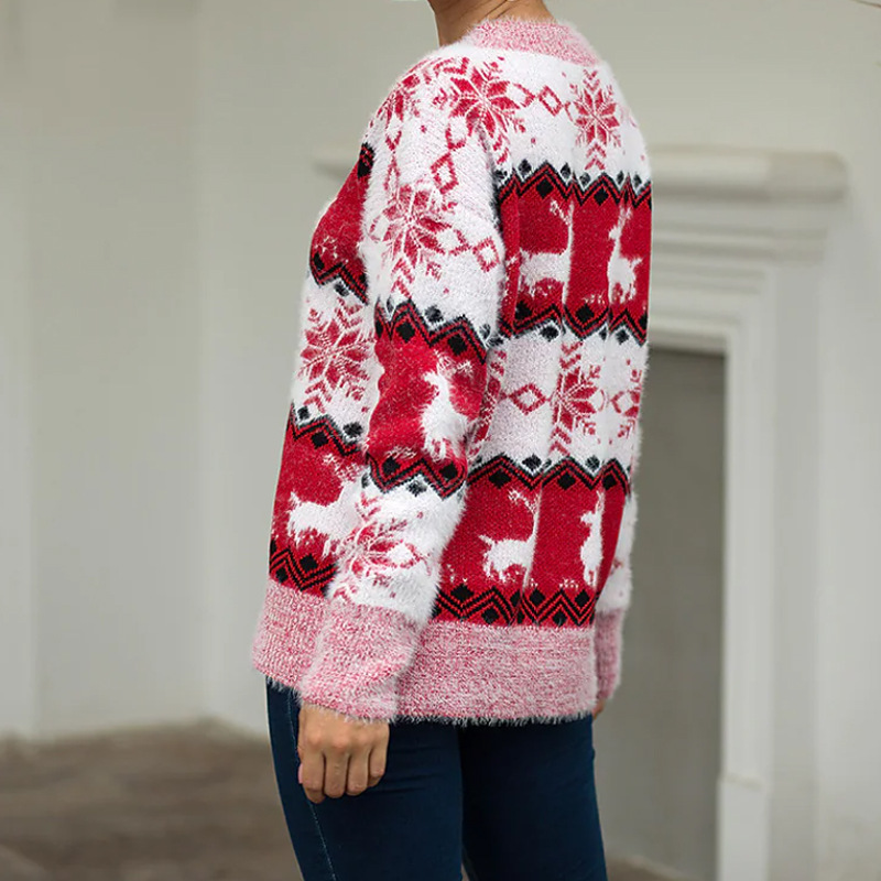 Pull de Noël douillet en maille jacquard à motif cerf, coupe ample, col rond, style décontracté, en fil doux._voghion.com