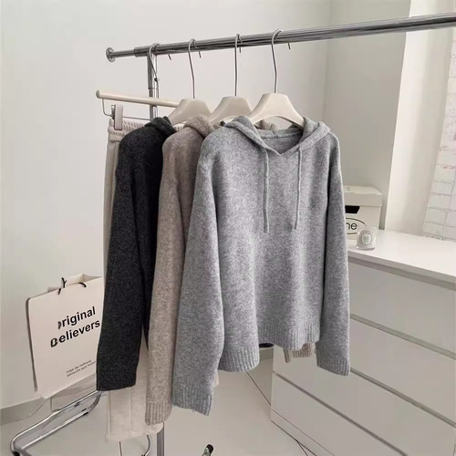 Lazy khaki hoodie for women loose Korean style warm versatile pullover wool sweater autumn and winter sweater