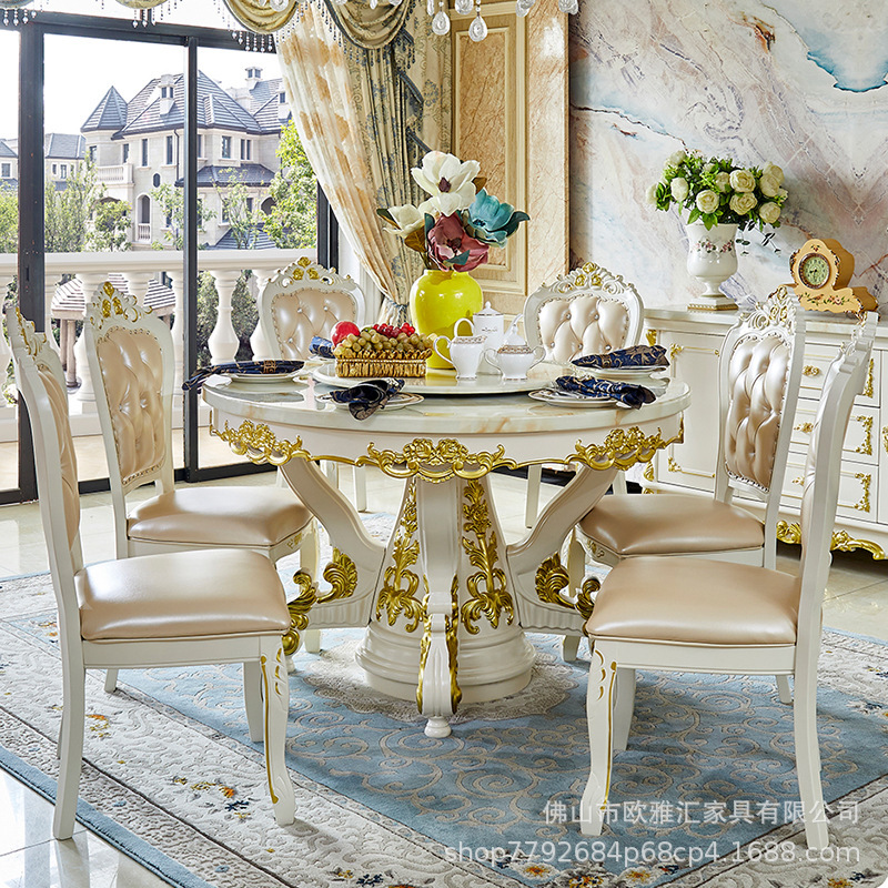 European-Style Solid Wood Marble Dining Table and Chair Set with Round Rotating Tray, Ivory White with Gold Accents, Luxurious Dining Table for Home Use