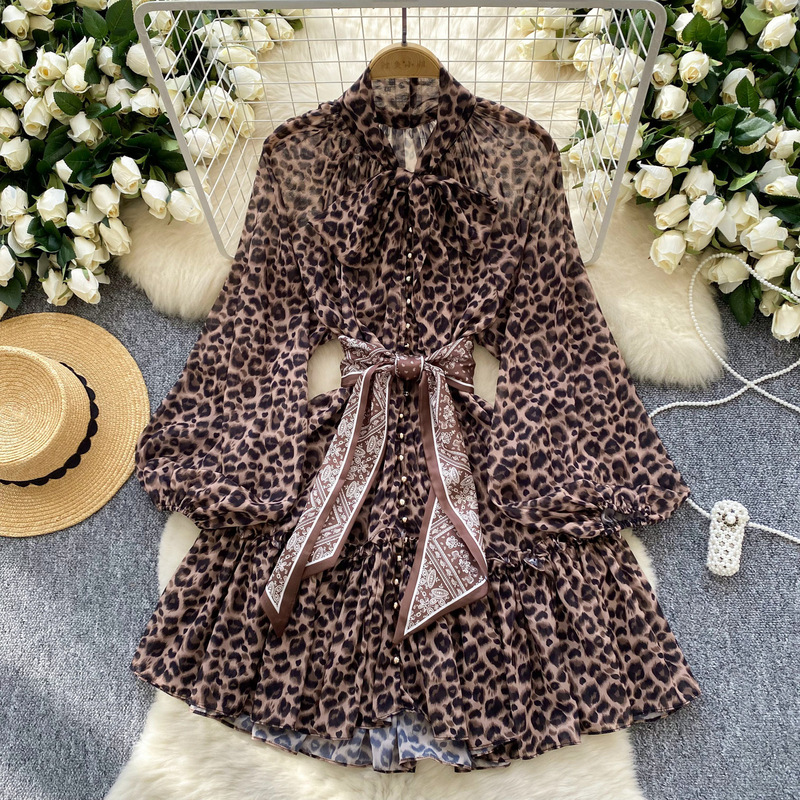 European and American Fan Xiaozhong Western Style dress Women's Fashionable Silk Scarf Strap Waist Lantern Sleeve Leopard Print Mesh A- line Short Dress European and American Fan Xiaozhong Western Style dress Women's Fashionable Silk Scarf Strap Waist Lantern Sleeve Leopard Print Mesh A- line Short Dress