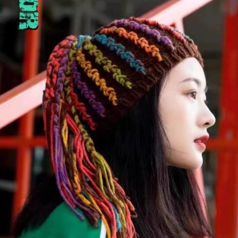 秋冬の個性的なドレッドヘアキャップ、女性用帽子、ウィッグキャップ一体型、クリエイティブな手編み帽子、多用途な手編み|undefined