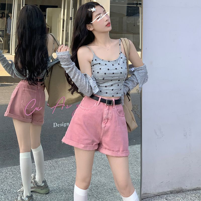 【夏日多彩糖果系】高腰牛仔卷边百搭糖果色宽松显瘦a字短裤女