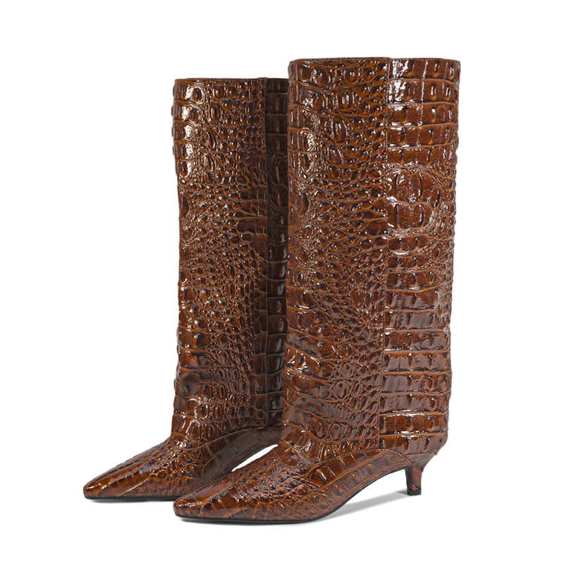 European and American Cross-Border Ultra-Wide Tube Design Soft Crocodile Pattern Wild Kitten Heel Knee-High Boots 35-45 Cross-Border