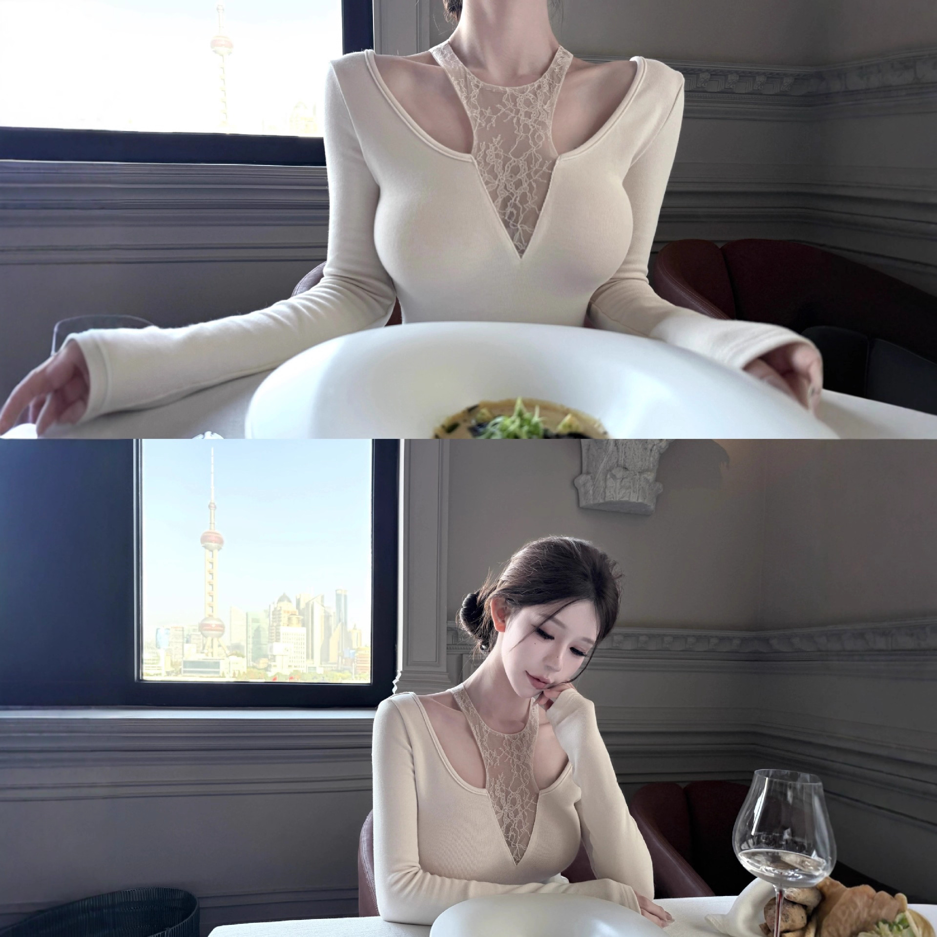 Kubiliv New on August 12Th Jade Soft Fragrant Lace Spliced ​​Halter Neck Long Sleeve Inner Layering Shirt