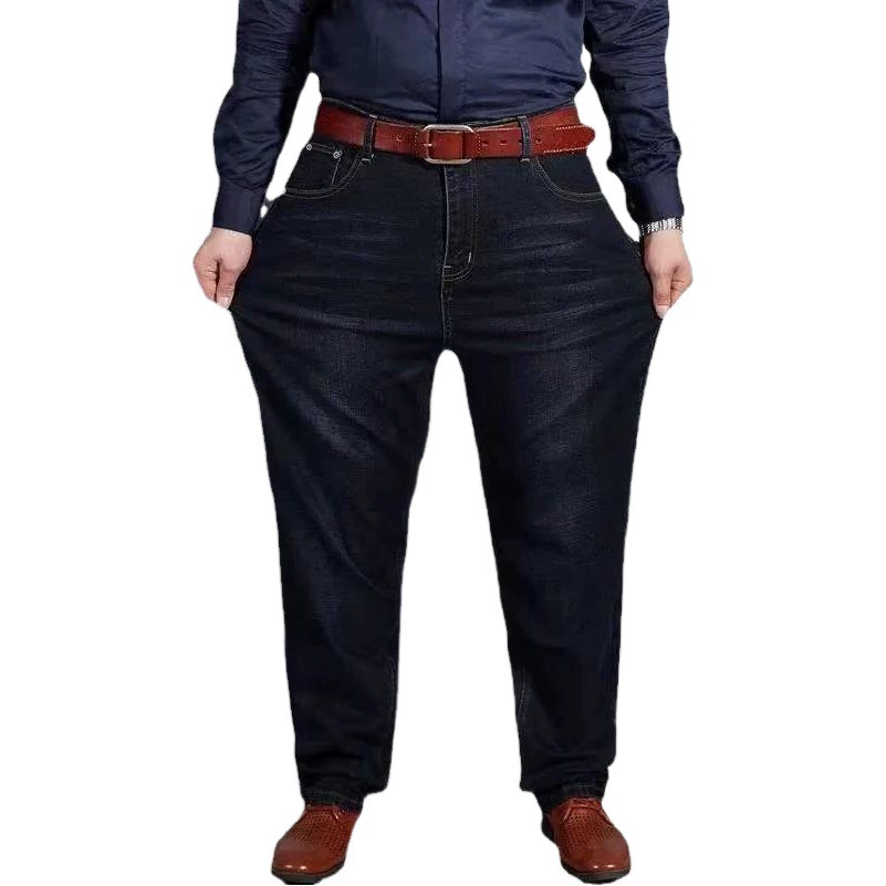 Осенне-зимние джинсы очень больших размеров, очень большие мужские брюки, свободные прямые эластичные длинные брюки с высокой талией