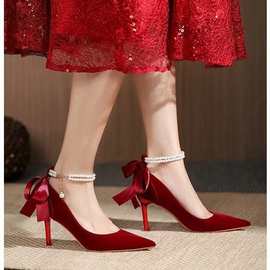 婚礼女鞋红色细跟单鞋蝴蝶结珍珠装饰性感女鞋6厘米8厘米高跟婚鞋