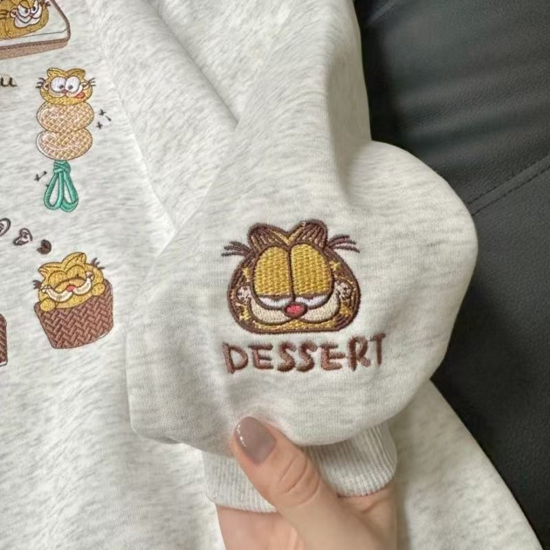 American Cartoon Garfield Embroidered Autumn Hooded Sweatshirt Autumn and Winter Student Loose Top Jacket Fleece-Lined and Thickeneded