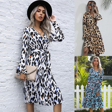 Round Neck Leopard Print Long Sleeve Dress Without Belt NSYYF107452