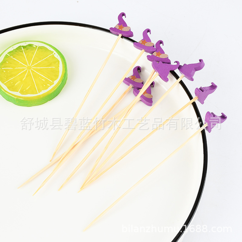 Creativo desechable gorra de bruja palillos de frutas palillos de dientes de dibujos animados palillos de frutas palillos de dientes artísticos palillos de bambú al por mayor