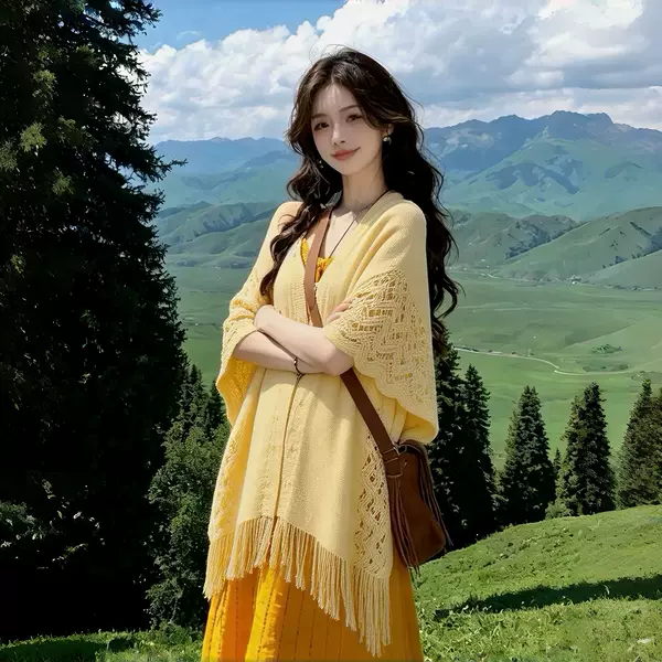 Travel yellow shawl for air-conditioned rooms, women's outerwear, sun protection cape, knitted scarf, cardigan for Sichuan, Yunnan, Xinjiang