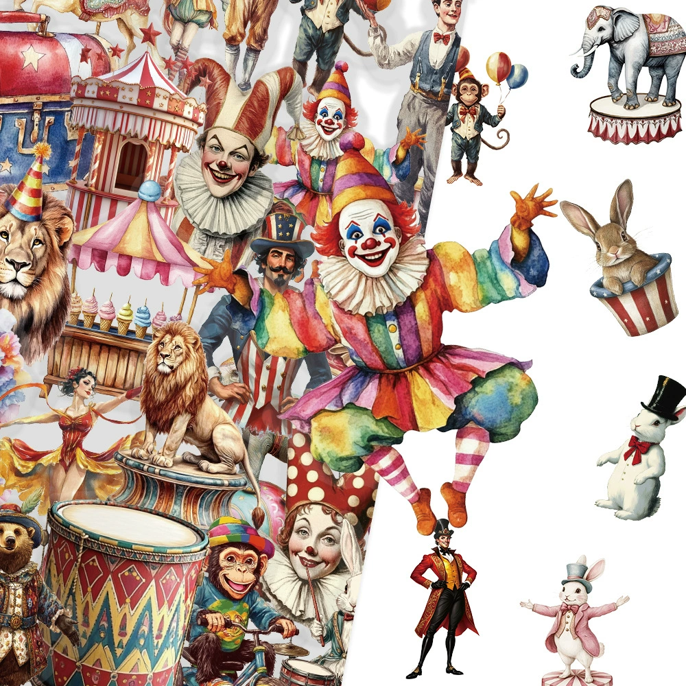 50 прозрачных наклеек из ПЭТ с героями мультфильмов, цирка, забавные и интересные наклейки для вечеринки с клоуном, трансграничные детские игрушечные наклейки