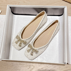 威威女 5933-9方頭單鞋女平底一腳蹬蝴蝶結水鑽豆豆鞋春季瓢鞋女