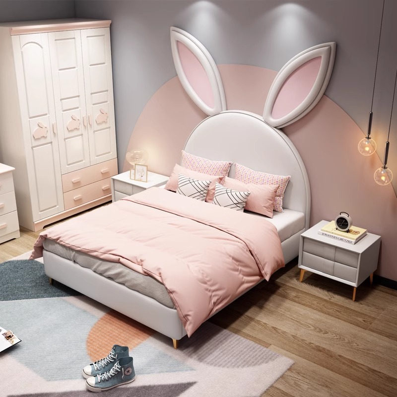 Cama infantil, cama de orejas de conejo, cama de ventana de crema, simple y moderna, cama de ventana de niña encantadora, habitación de niños de cuero de vaca. image 4