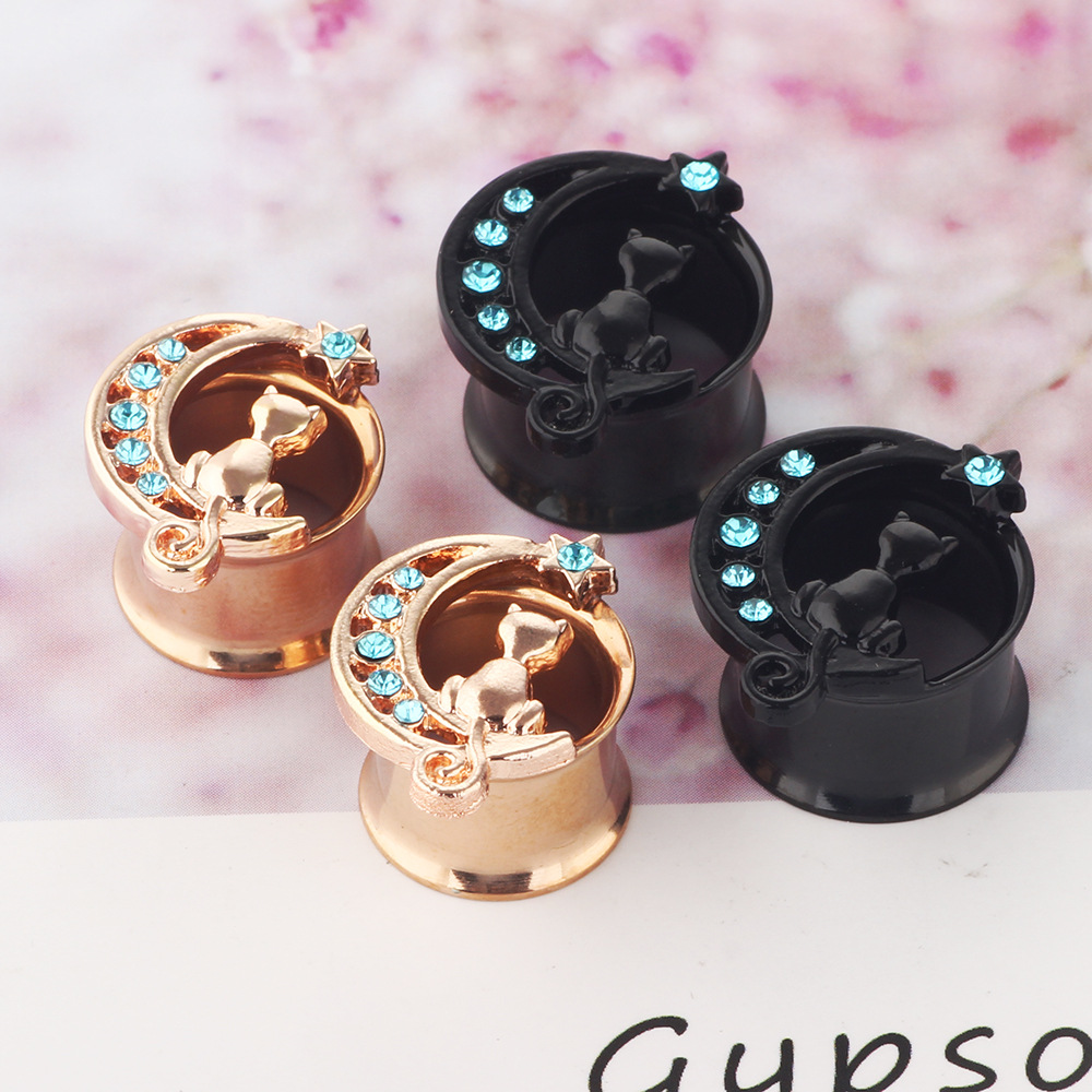 Rose Gold Stainless Steel Ear Expander with Diamond Cat Small Horn Cartilage Earring Jewelry detail image 7