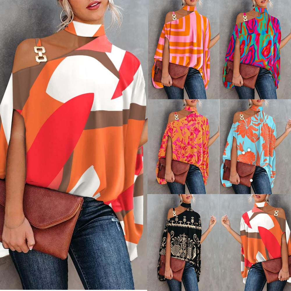 2022 estación independiente deseo Amazon popular verano Halter Batwing manga camisa impresa camisa de las mujeres ropa de mujer