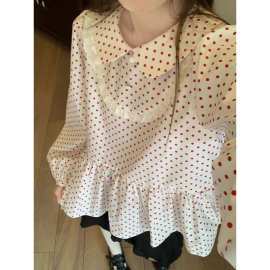 红色波点娃娃领2025新款双层花边日系可爱娃娃衫长袖衬衫上衣