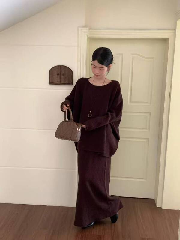 欧美秋冬新款针织套装女慵懒百搭蝙蝠袖宽松大码毛衣外套+半身裙|undefined